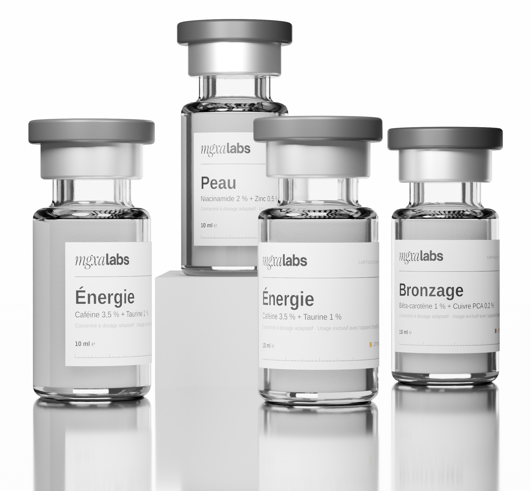 Les quatre formules MGXA Labs : Énergie, Peau, Bronzage, Hydratation